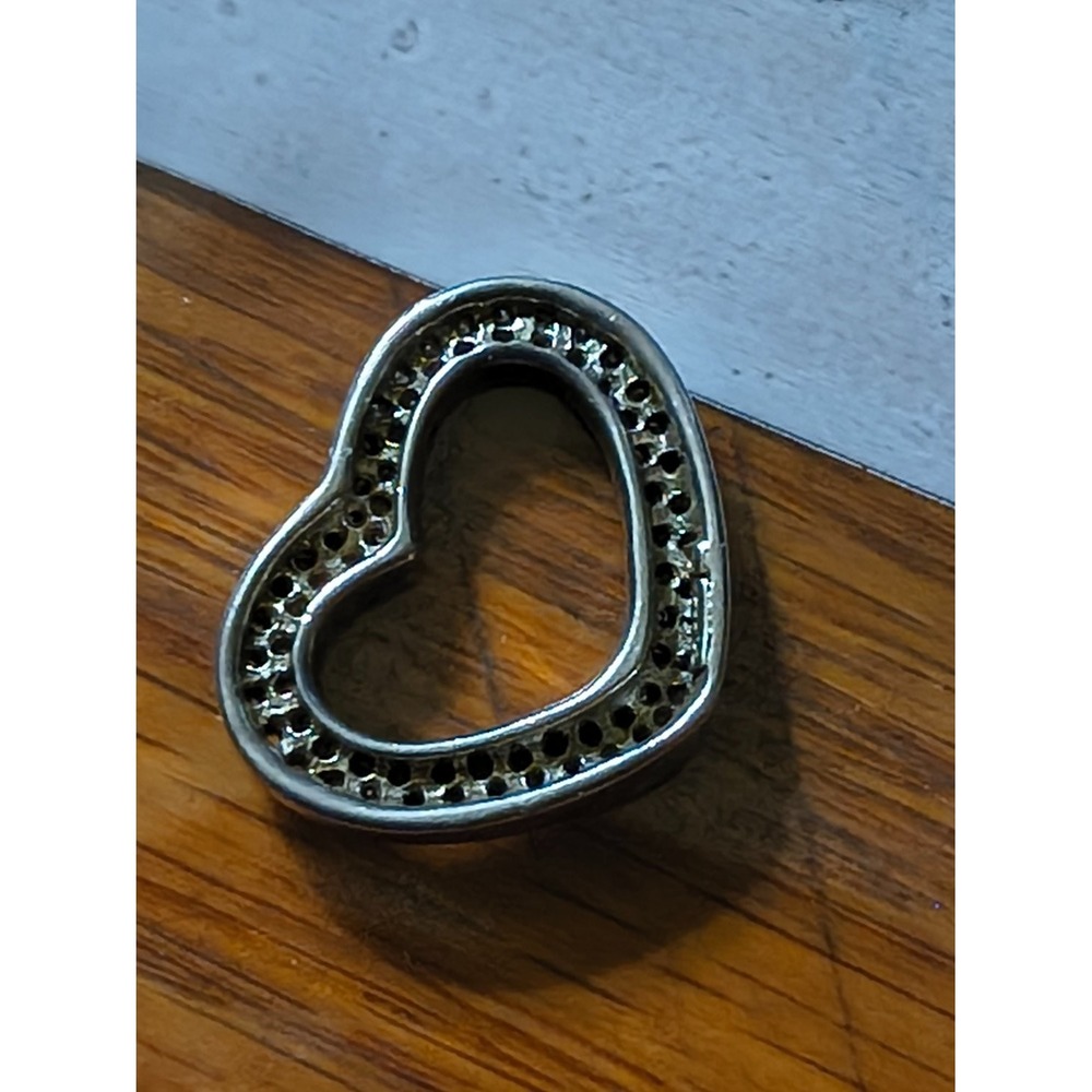 Vintage Silver 925 Open Heart Pendant Charm Pave Crystal Rhinestone Slide